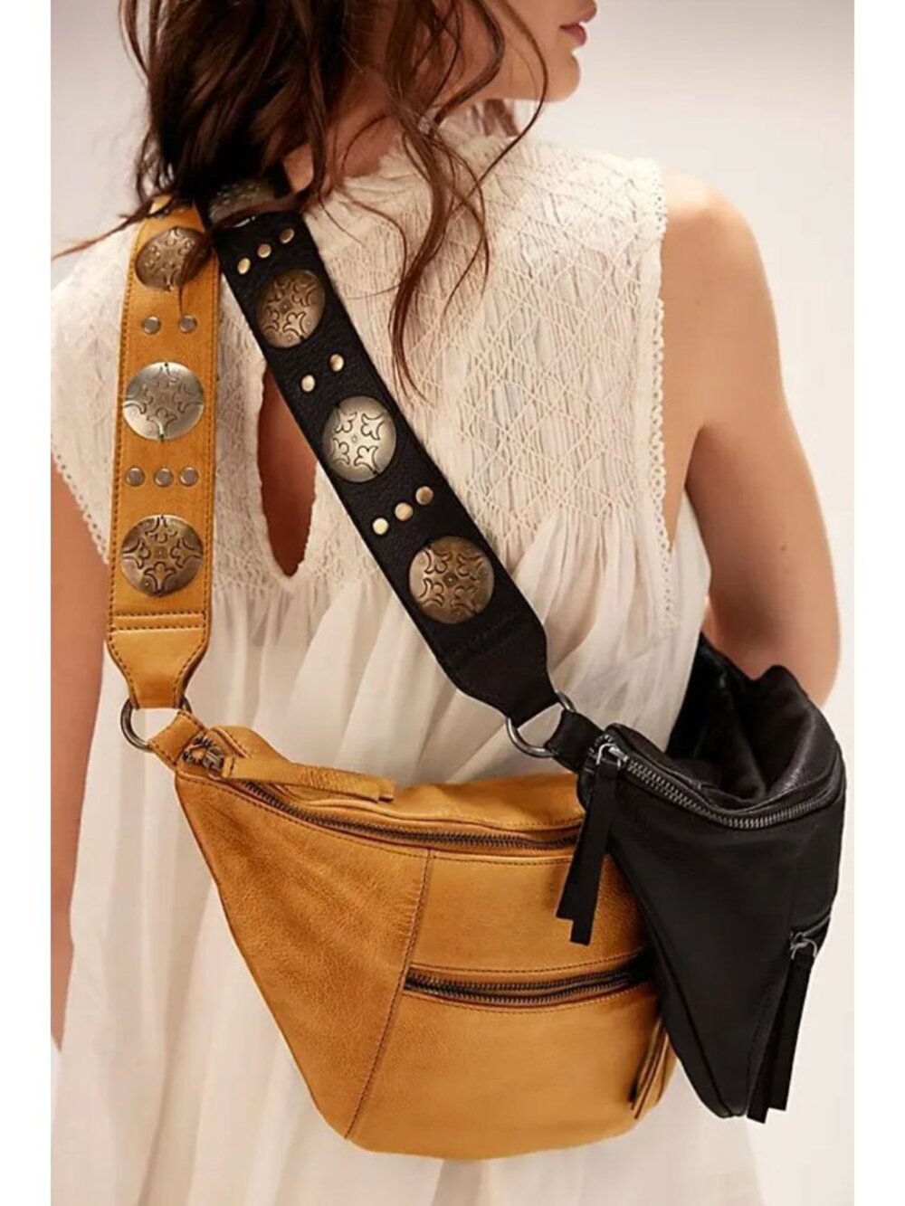Free People Wilder Embellished Leather Sling Bag Tan Combo